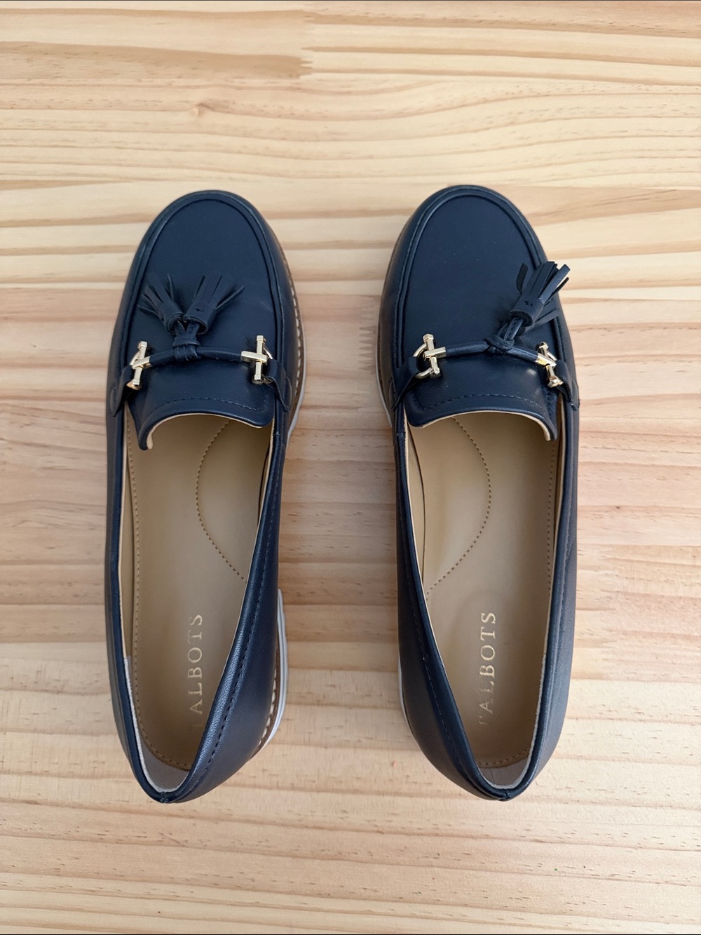 Talbots Navy Leather Tassel Loafers with Gold Accents